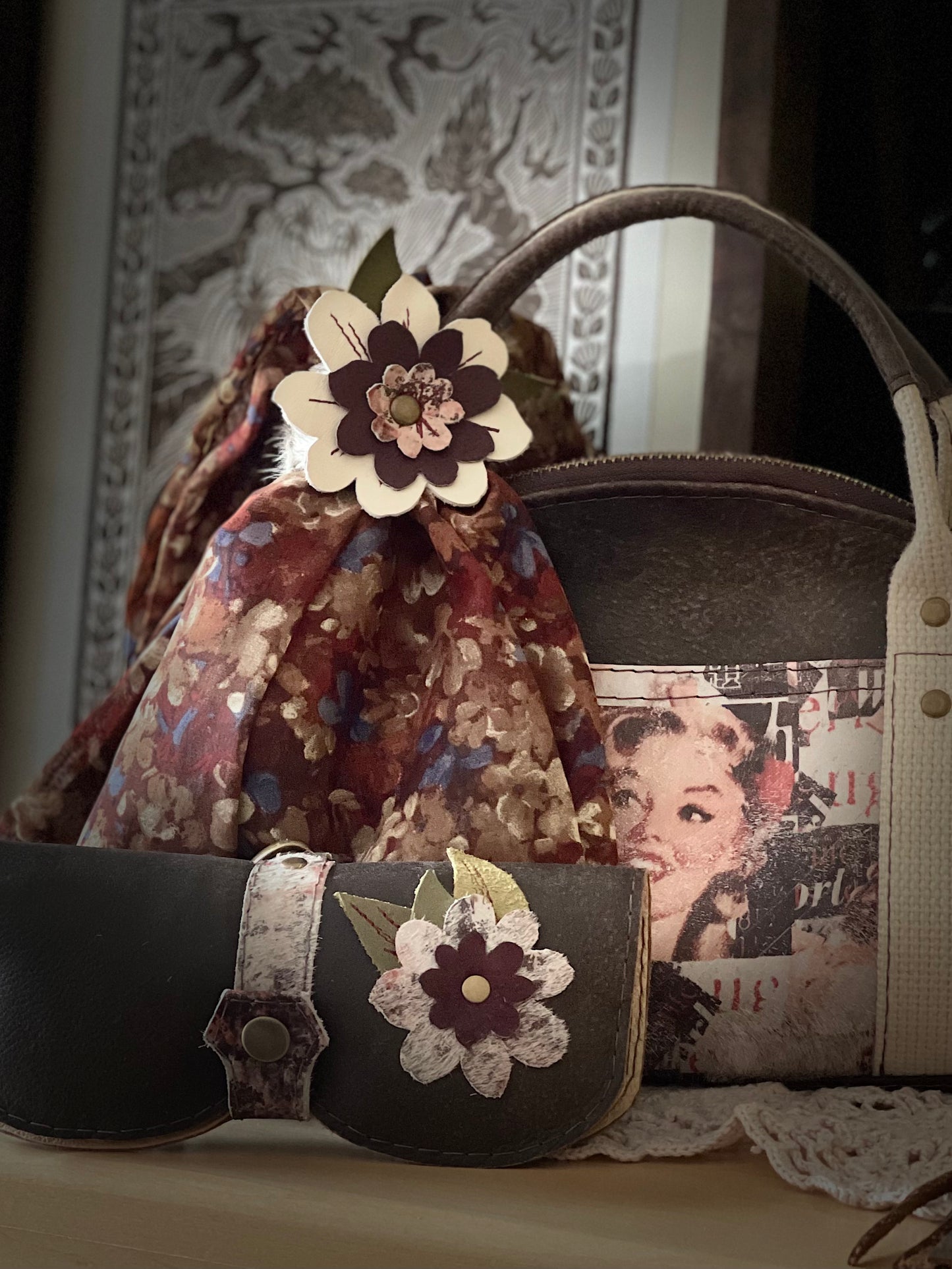 Leather Flower Scarf Cuff - Hair on Hide