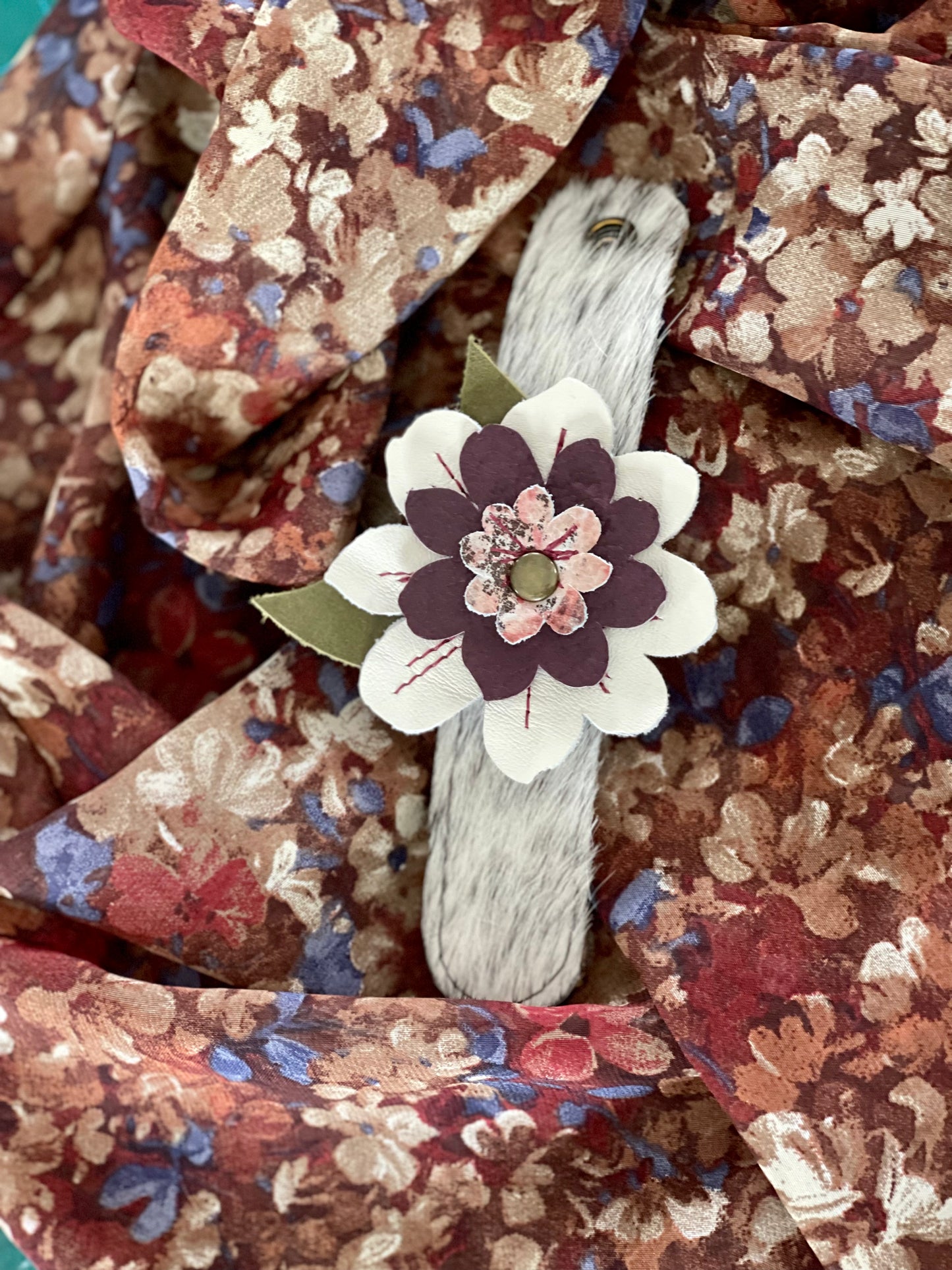 Leather Flower Scarf Cuff - Hair on Hide
