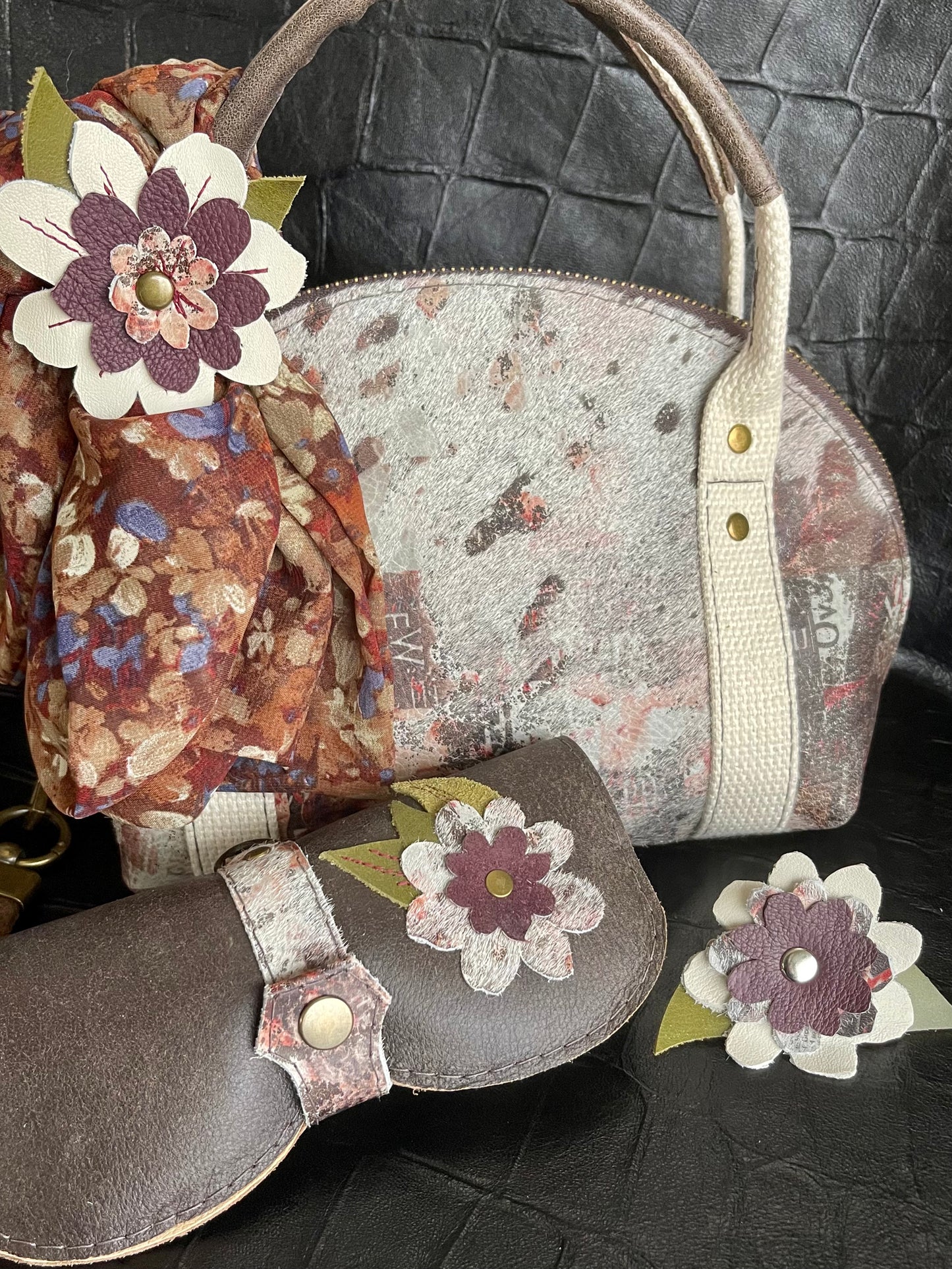 Leather Flower Scarf Cuff - Hair on Hide