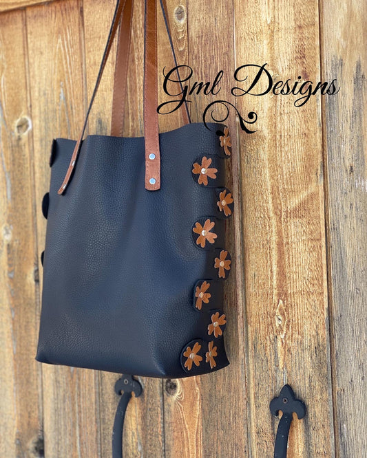 Unlined Leather Tote with Flower Accents