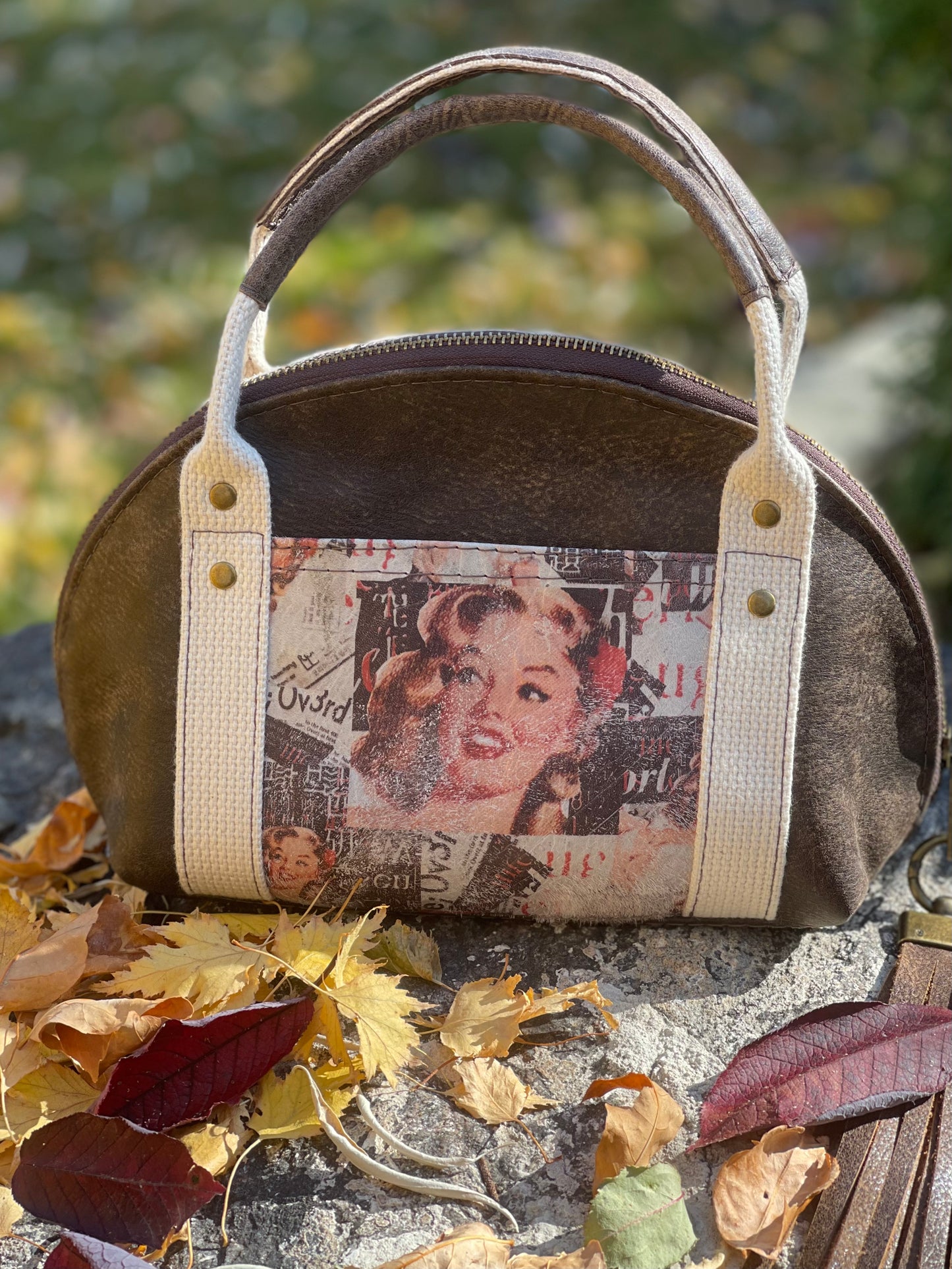 Printed Hair on Hide & Distressed Leather Puffin Handbag