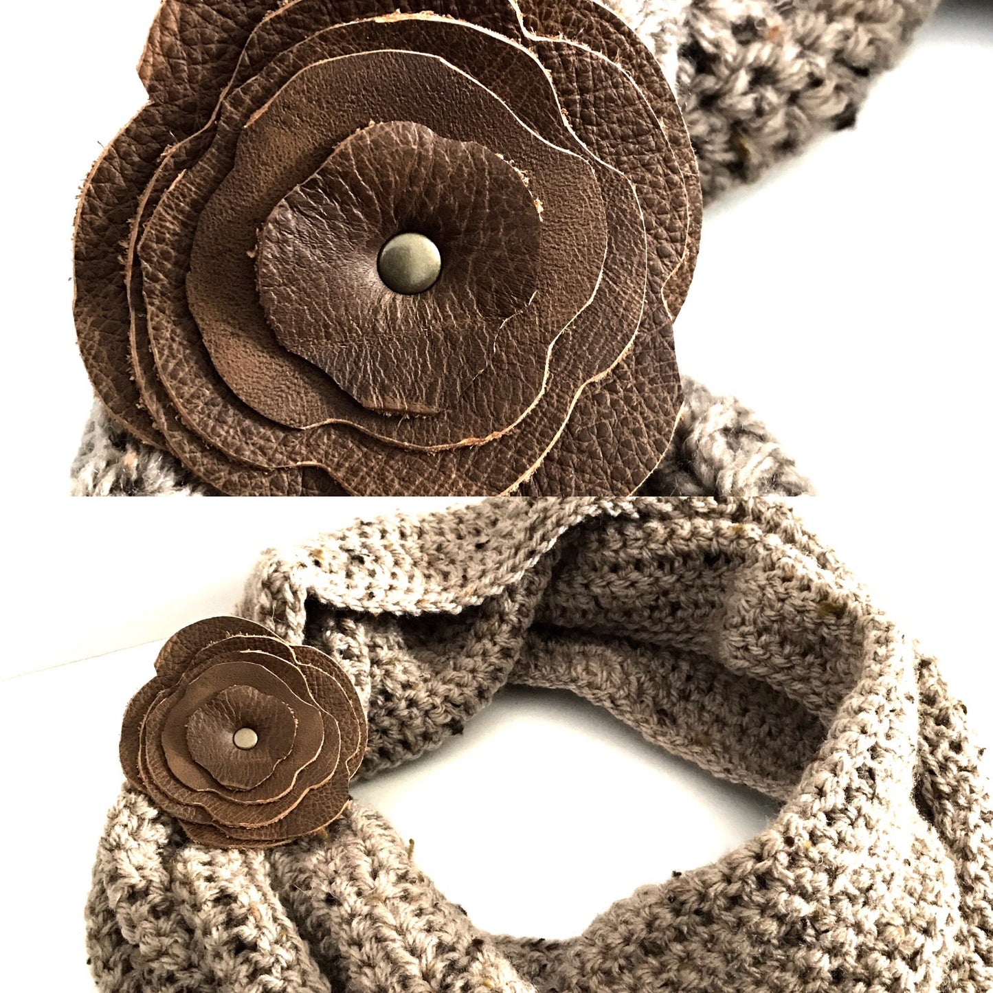 Leather Flower Scarf Cuff - Mid Brown