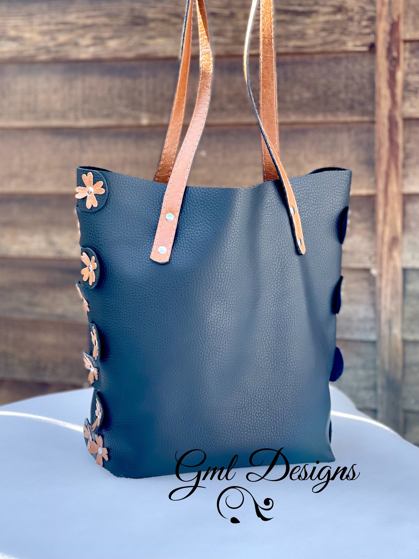 Unlined Leather Tote with Flower Accents